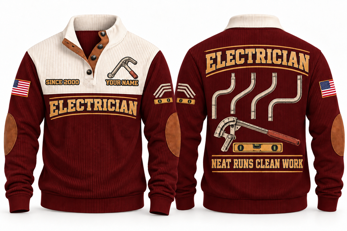 ELC04 Personalized Electrician Clean Runs Sports Sweatshirt in Jujube Red, front and back
