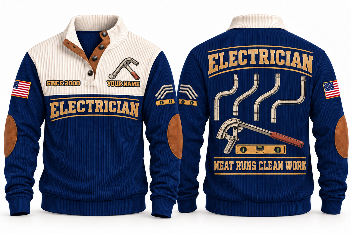 ELC04 Personalized Electrician Clean Runs Sports Sweatshirt in Navy, front and back