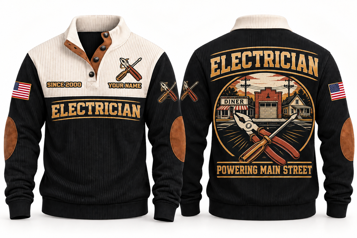 Electrician ELC06 sports sweatshirt black, front and back with flat printed artwork