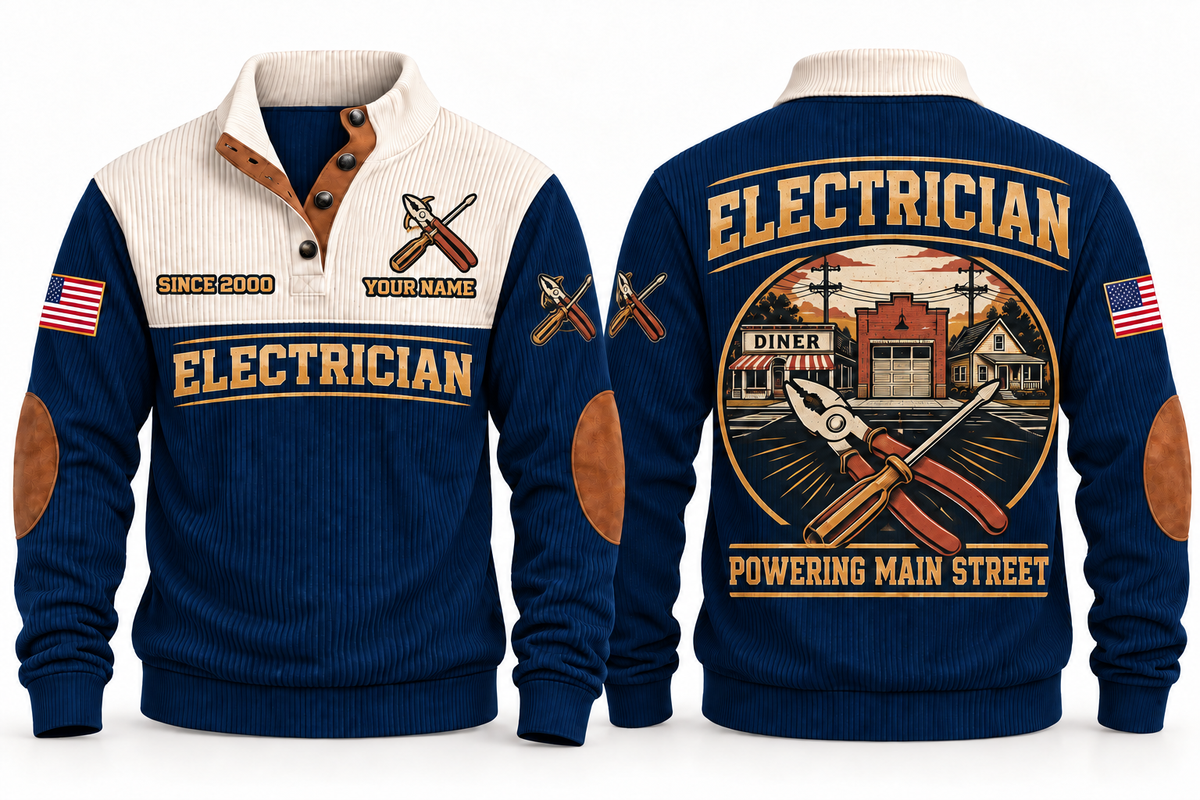 Electrician ELC06 sports sweatshirt navy, front and back with flat printed artwork