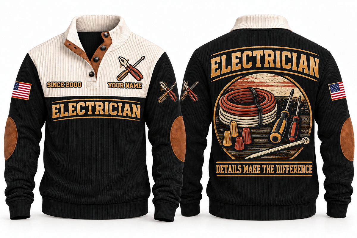 Electrician ELC07 sports sweatshirt black, front and back with flat printed artwork