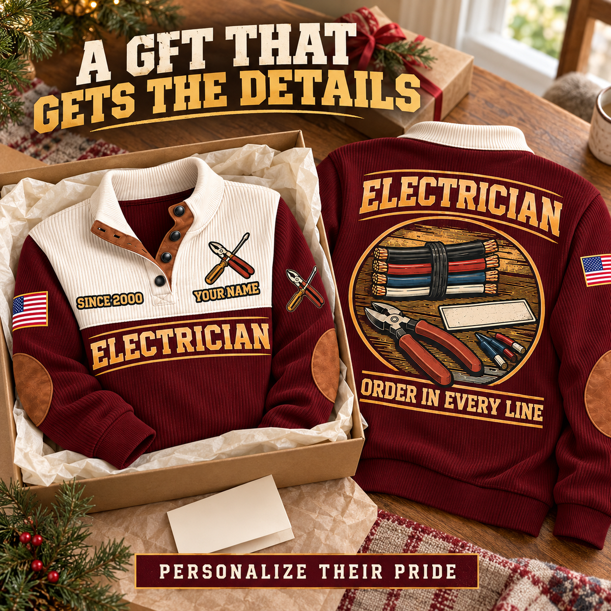 ELC09 Electrician personalized sports sweatshirt square Facebook advertisement with flat printed artwork