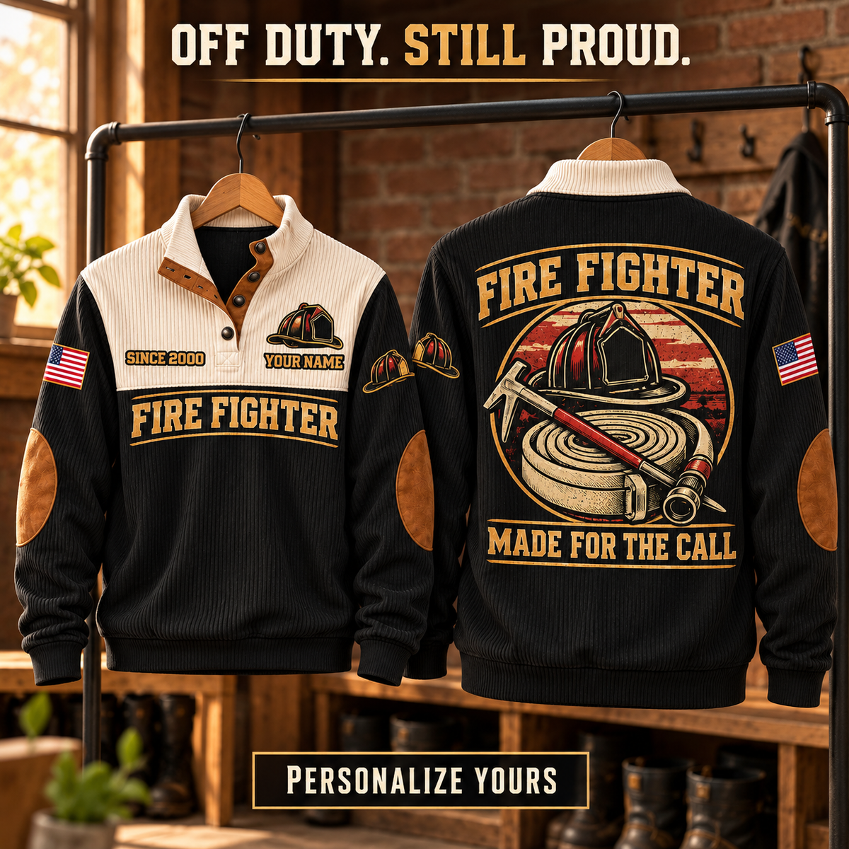 Fire Fighter Made for the Call black personalized sports sweatshirt, front and back, off-duty pride