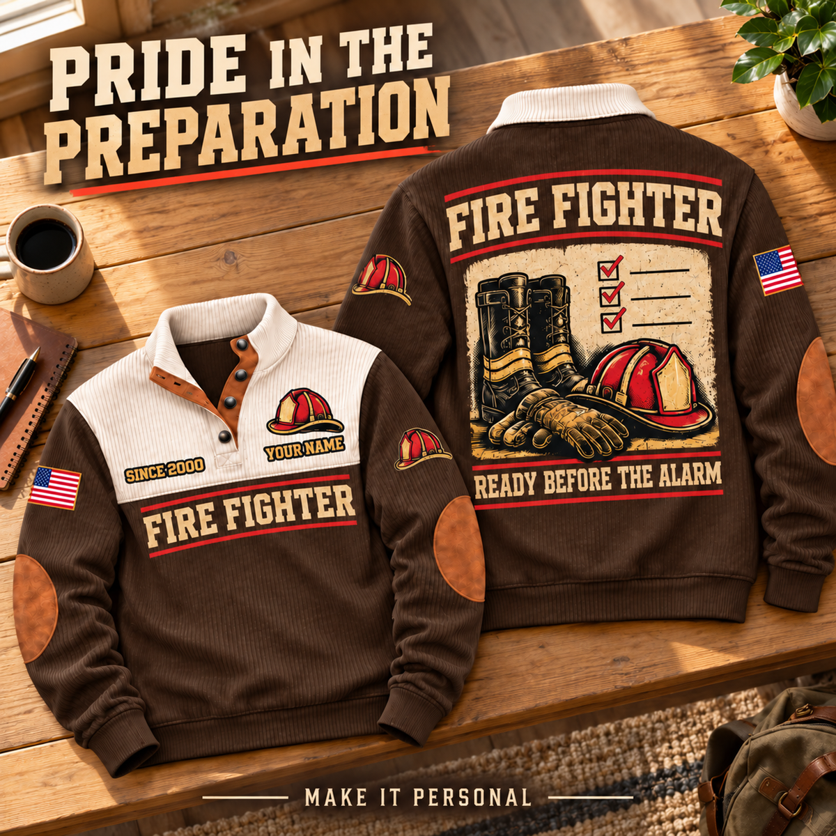 Fire Fighter Ready Before the Alarm brown personalized sports sweatshirt, preparation pride