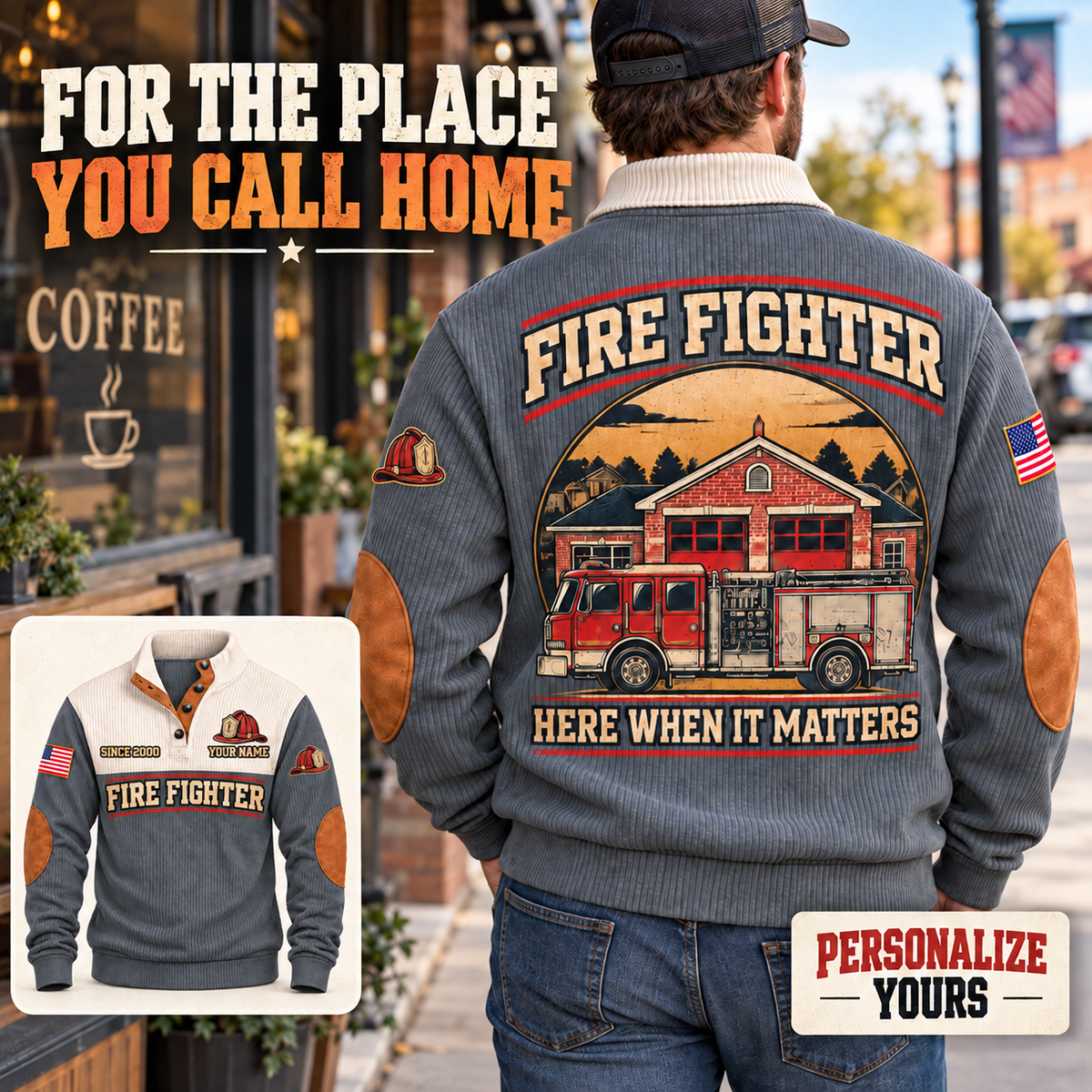 Fire Fighter Community on Call grey personalized sports sweatshirt, hometown pride