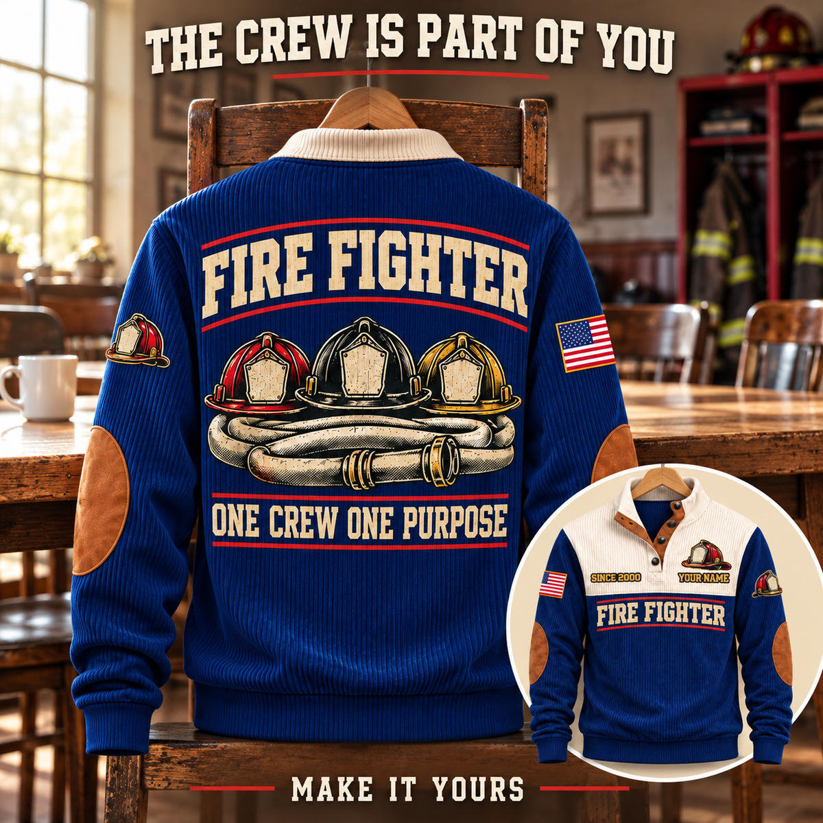 Fire Fighter Station Crew navy personalized sports sweatshirt, shared shifts and camaraderie