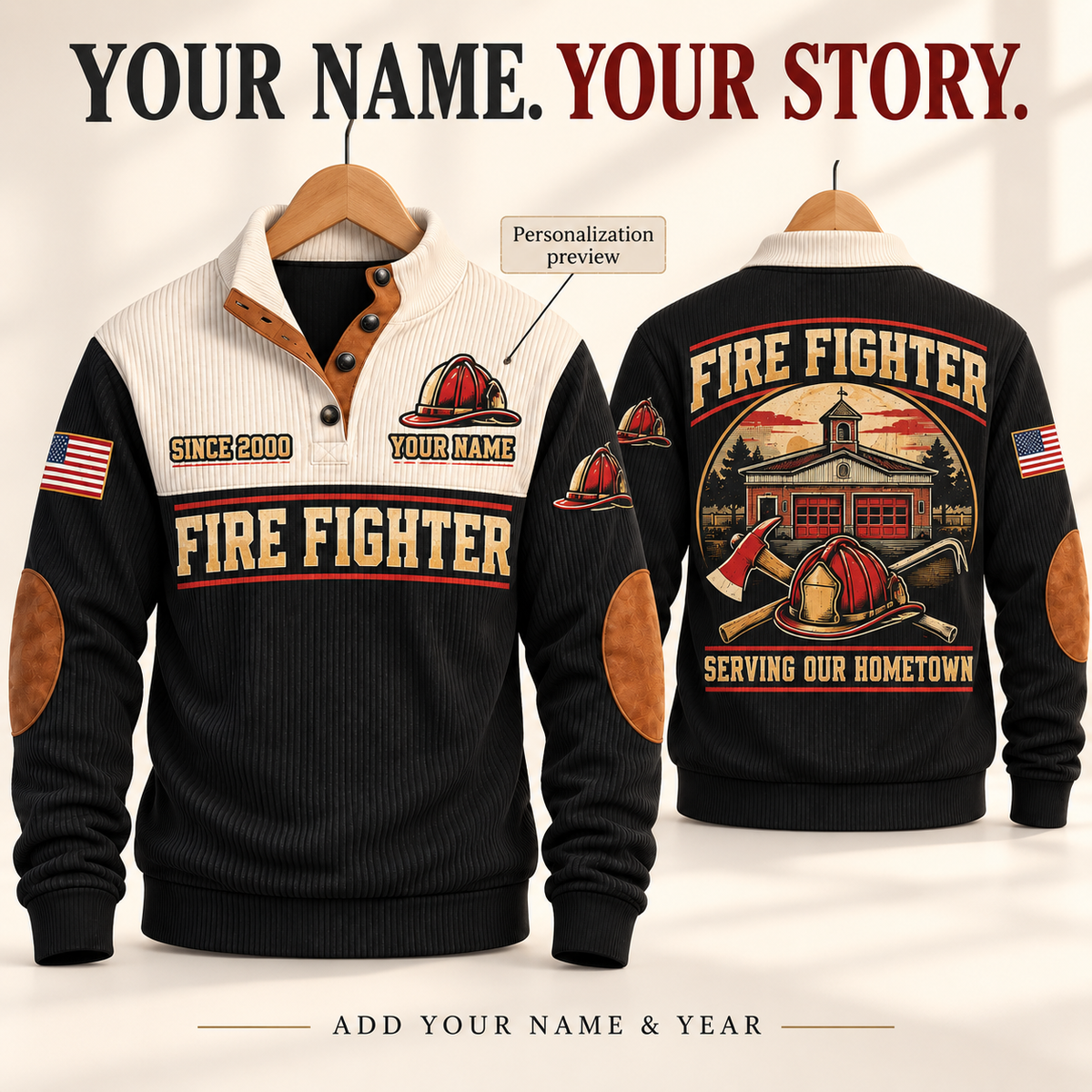 Fire Fighter Hometown Service black personalized sports sweatshirt, name and year personalization