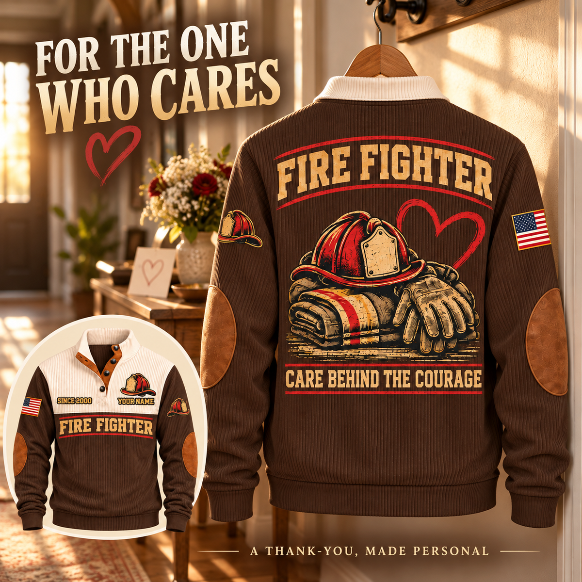 Fire Fighter Care Behind Courage brown personalized sports sweatshirt, thank-you gift