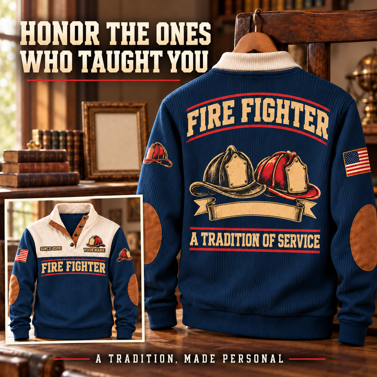 Fire Fighter Tradition of Service navy personalized sports sweatshirt, mentor and heritage gift