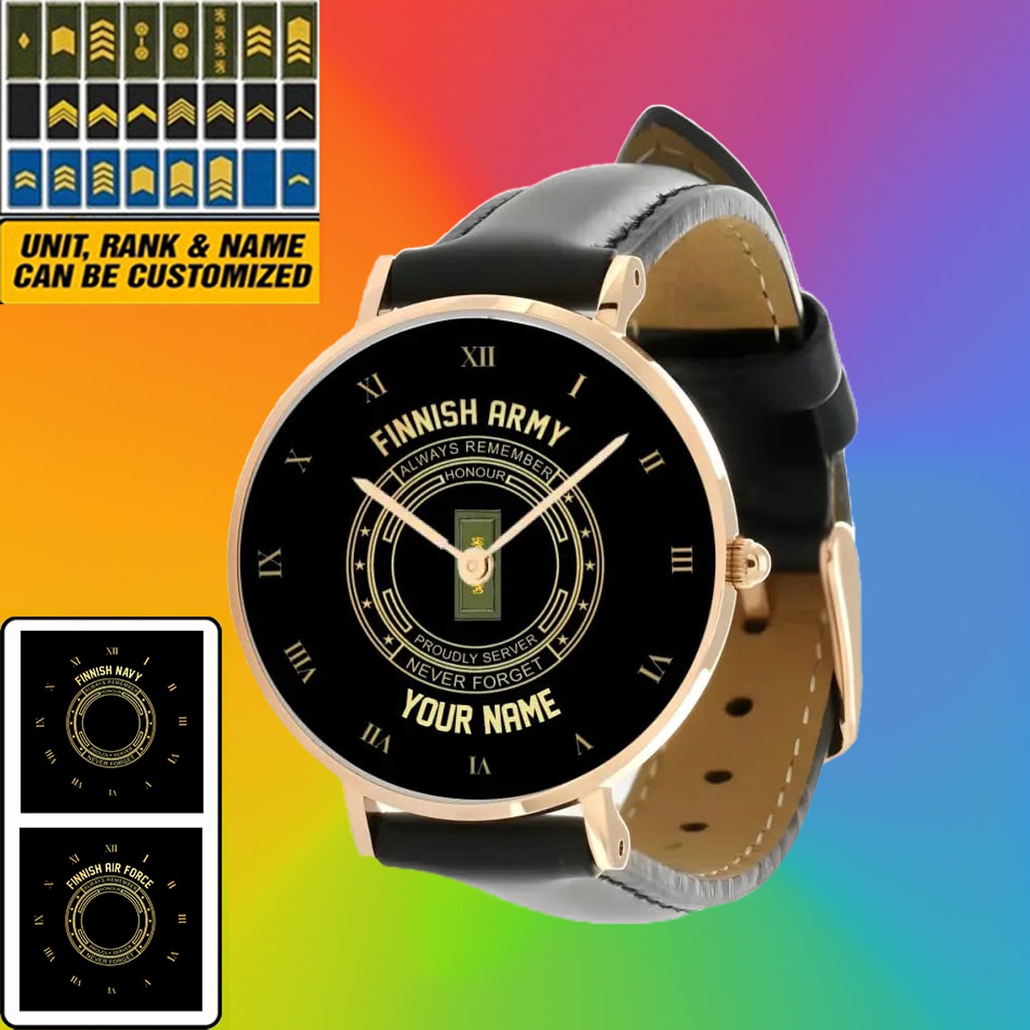 Personalized Finland Soldier/ Veteran With Name, Rank Black Stitched Leather Watch - 17115840 - Gold Version