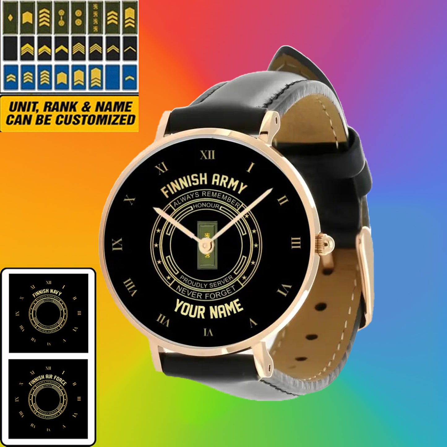 Personalized Finland Soldier/ Veteran With Name, Rank Black Stitched Leather Watch - 2803240001 - Gold Version