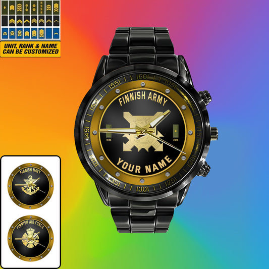 Personalized Finland Soldier/ Veteran With Name, Rank And Year Black Stainless Steel Watch - 1803240001 - Gold Version