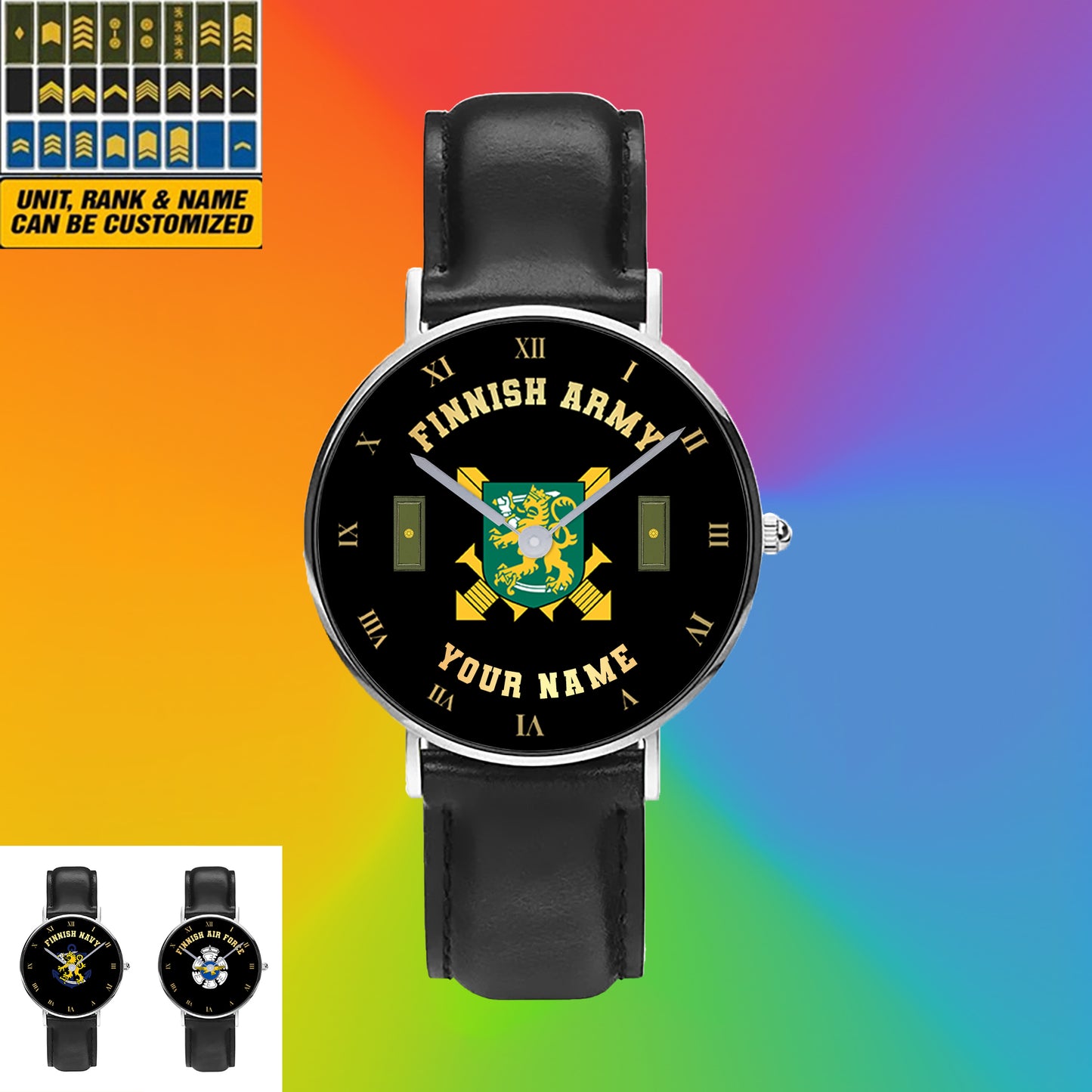 Personalized Finland Soldier/ Veteran With Name And Rank Black Stitched Leather Watch - 17098560 - Gold Version