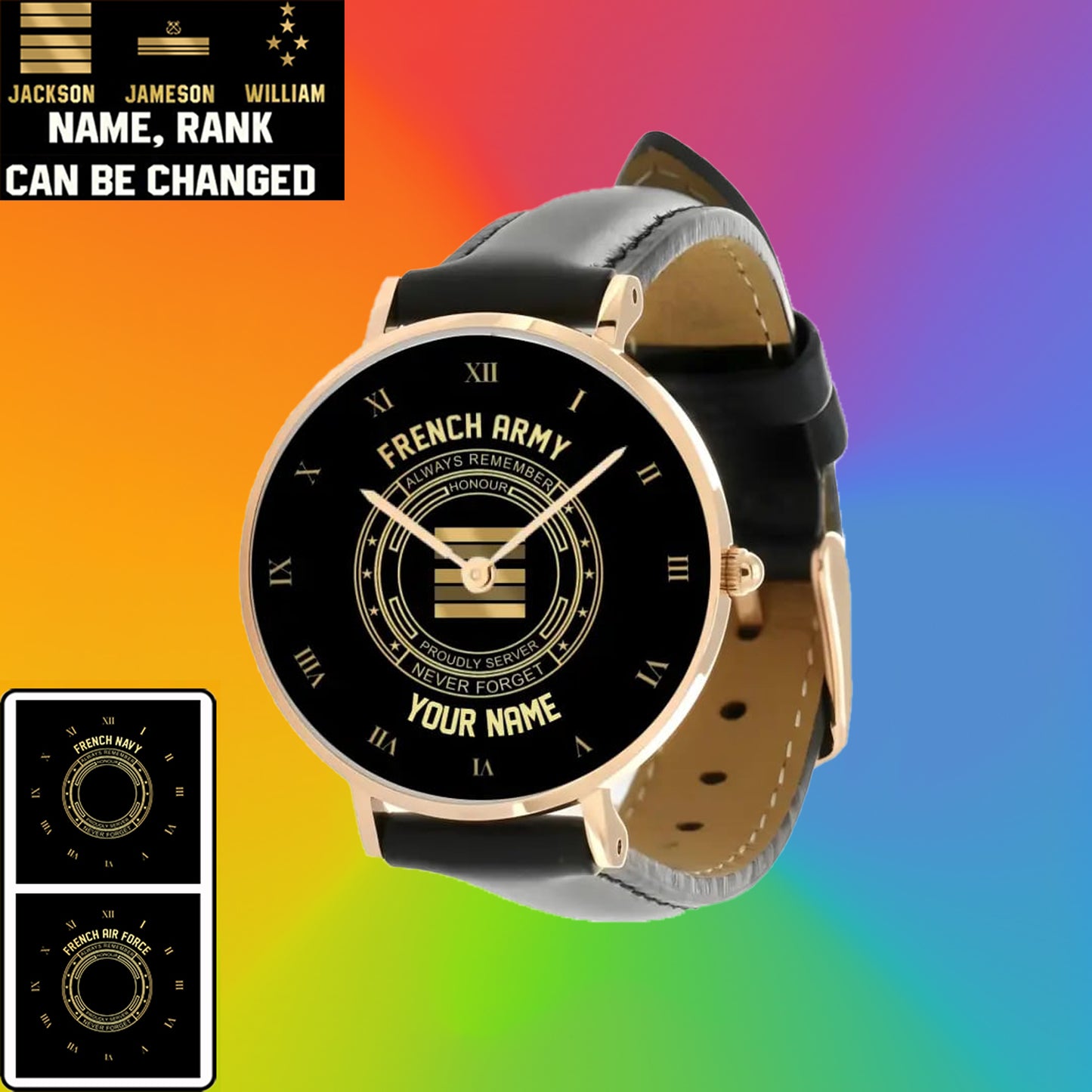 Personalized France Soldier/ Veteran With Name, Rank Black Stitched Leather Watch - 17115840 - Gold Version