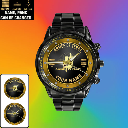Personalized France Soldier/ Veteran With Name, Rank And Year Black Stainless Steel Watch - 17107200 - Gold Version