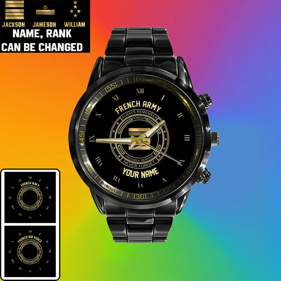 Personalized France Soldier/ Veteran With Name And Rank Black Stainless Steel Watch - 17115840  - Gold Version