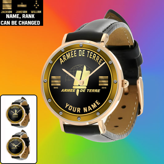 Personalized France Soldier/ Veteran With Name, Rank And Year Black Stitched Leather Watch - 17107200 - Gold Version