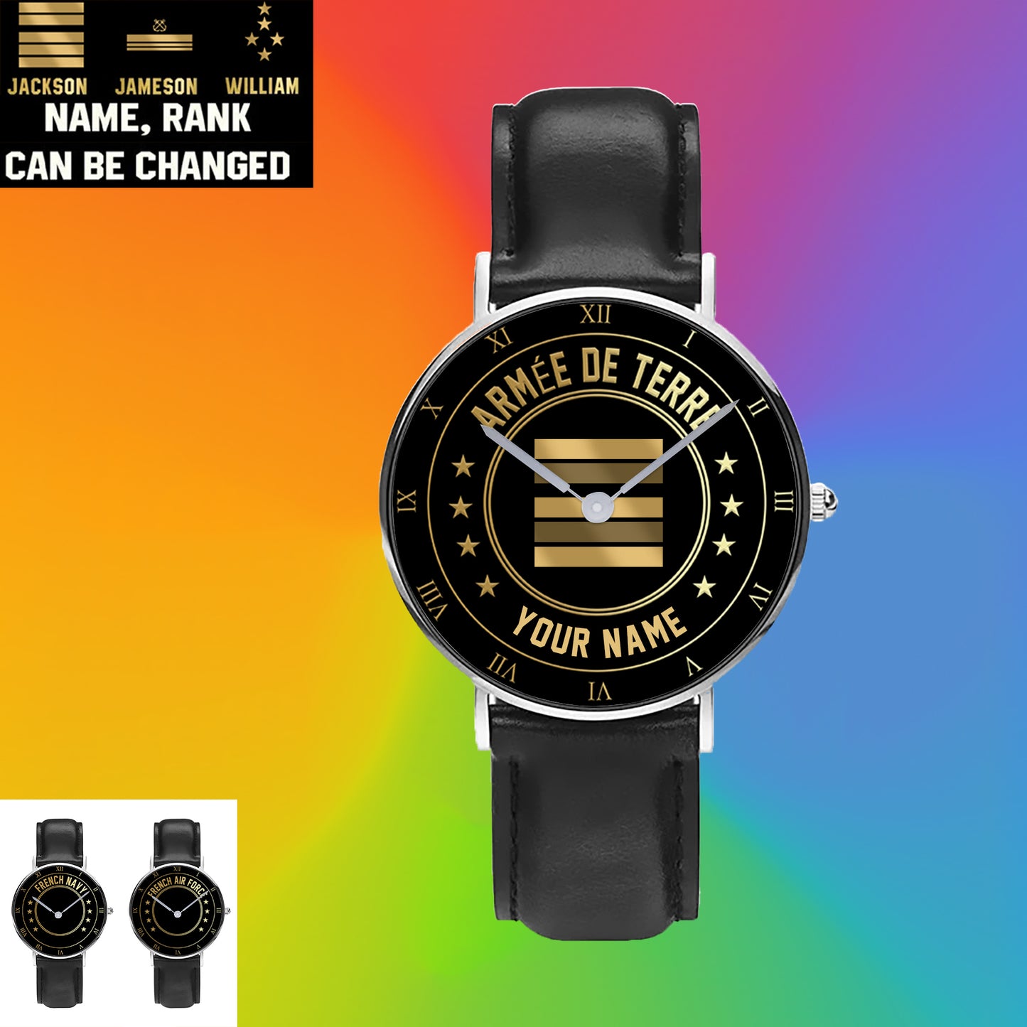 Personalized France Soldier/ Veteran With Name And Rank Black Stitched Leather Watch - 17108928 - Gold Version