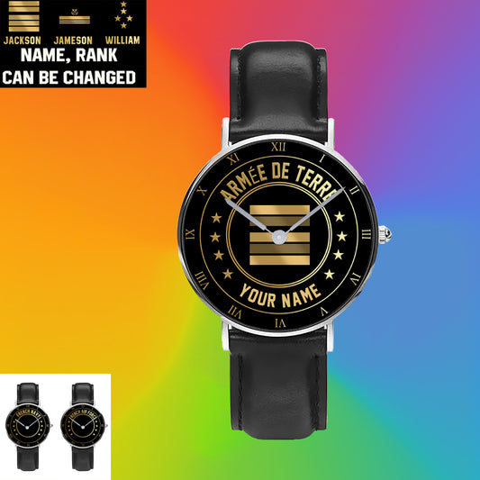 Personalized France Soldier/ Veteran With Name And Rank Black Stitched Leather Watch - 17108928 - Gold Version