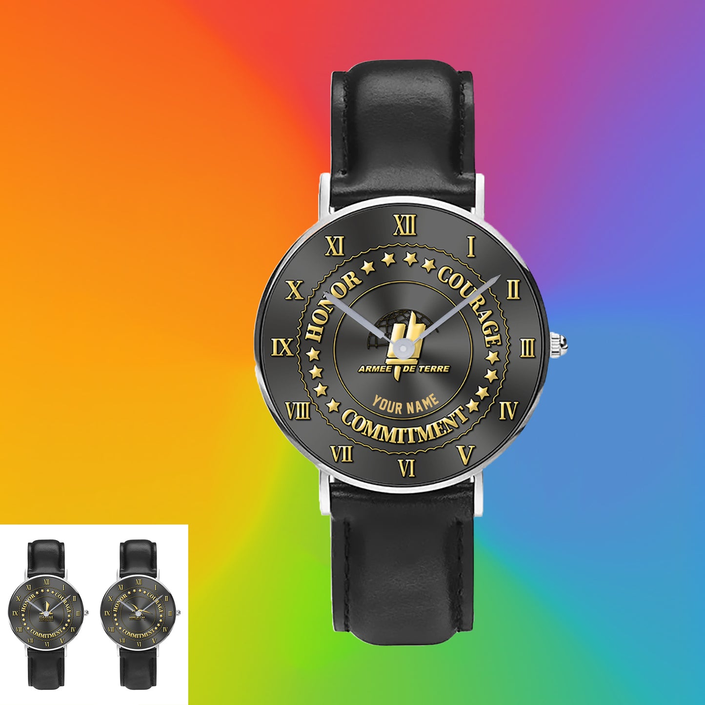 Personalized France Soldier/ Veteran With Name Black Stitched Leather Watch - 17110656 - Gold Version