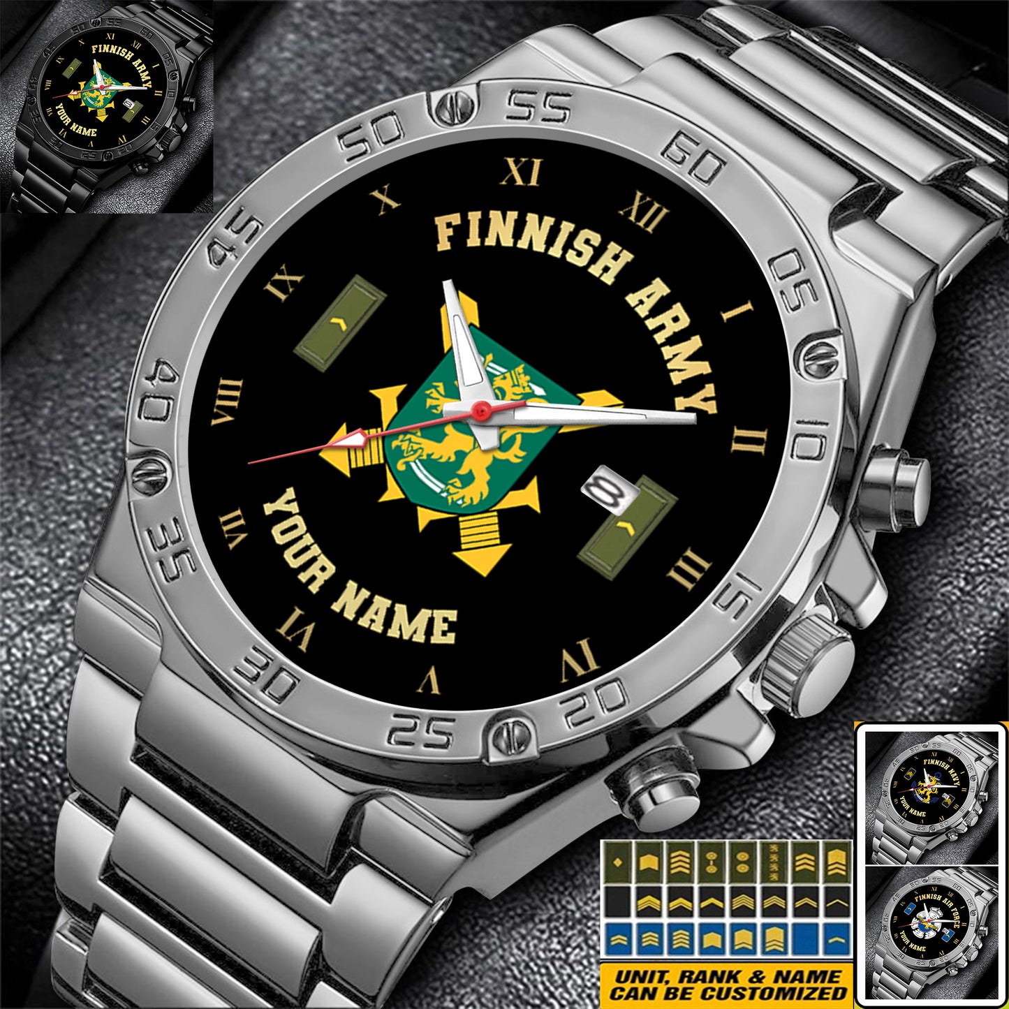 Personalized Finland Soldier/ Veteran With Name And Rank Gentleman Stainless Steel Watch - 17388864