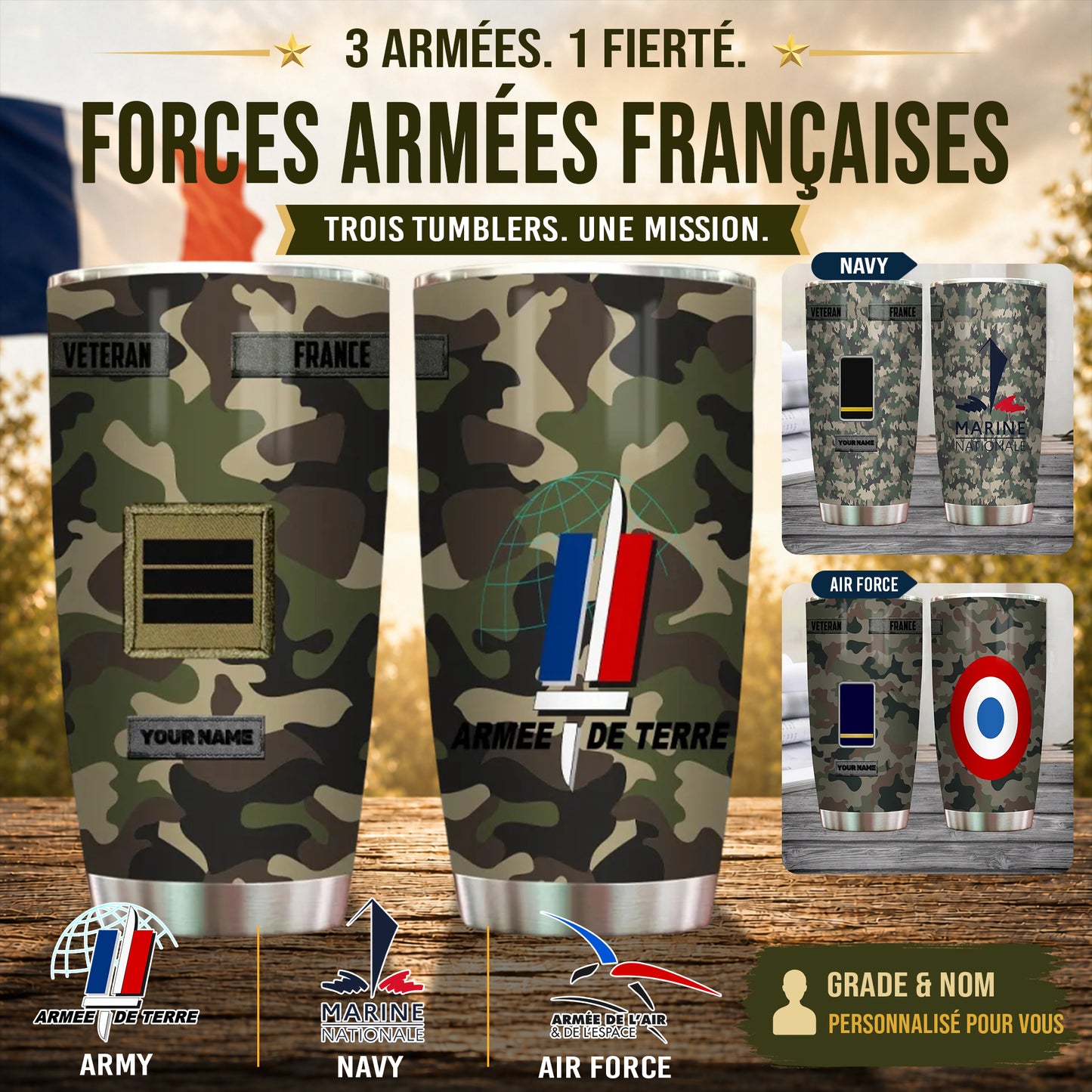 Verre personnalisé avec motif camouflage pour vétéran/soldat français avec rang et nom - 2605230003 - D04