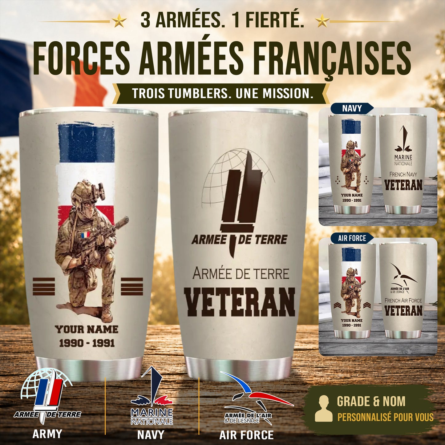 Verre personnalisé avec grade, année et nom de vétéran/soldat français - 10062401QA