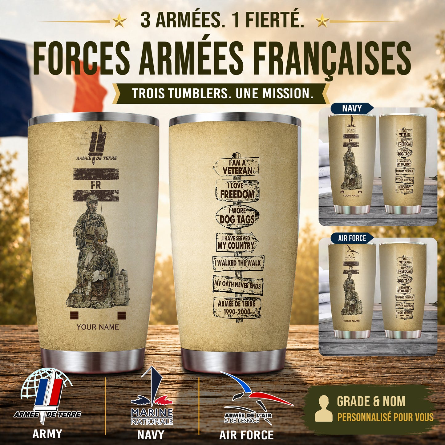 Verre personnalisé avec grade, année et nom de vétéran/soldat français - 12062401QA
