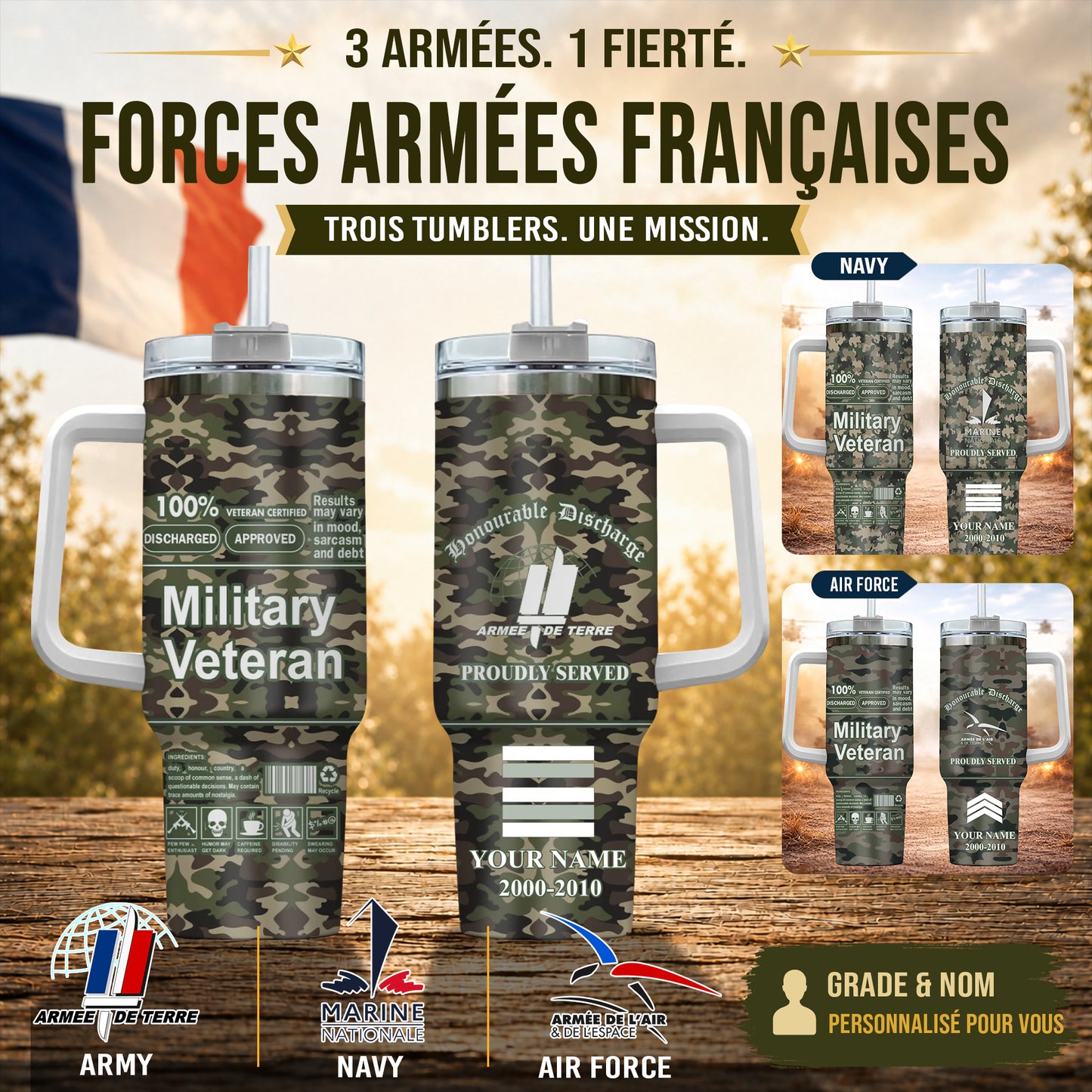 Personalized France Veteran/ Soldier With Rank, Year And Name Camo Tumbler - 17745696