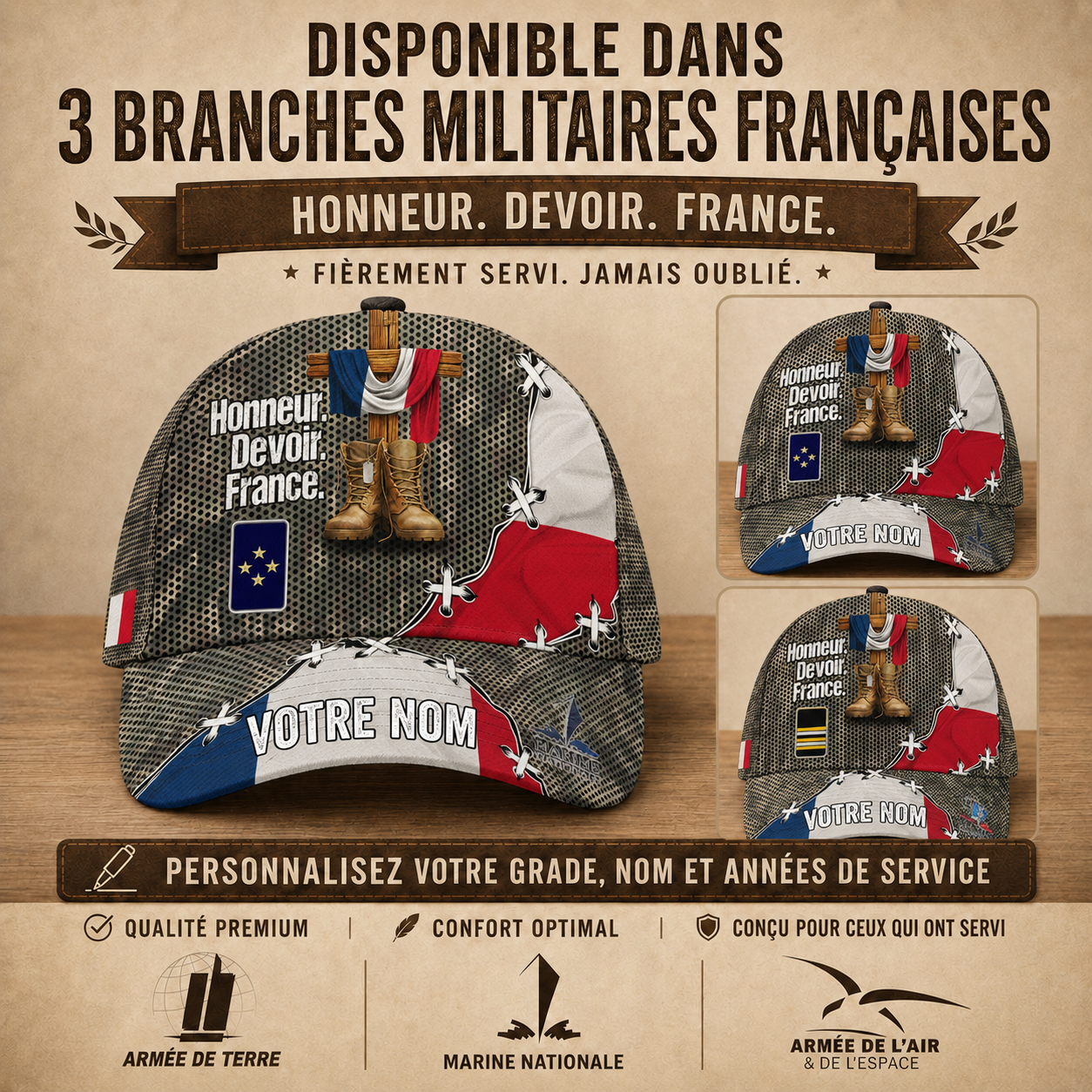 Personalized Rank And Name France Soldier/Veterans Baseball Cap - 17684352