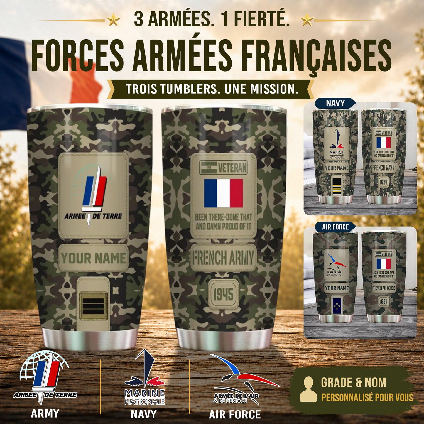 Verre personnalisé avec nom et grade de vétéran/soldat français - 17218656