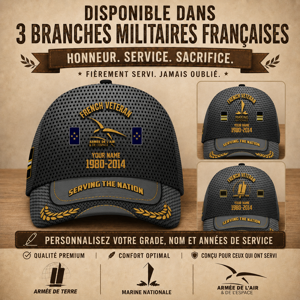 Personalized Name, Year & Rank France Soldier/Veterans Baseball Cap - 1759881603
