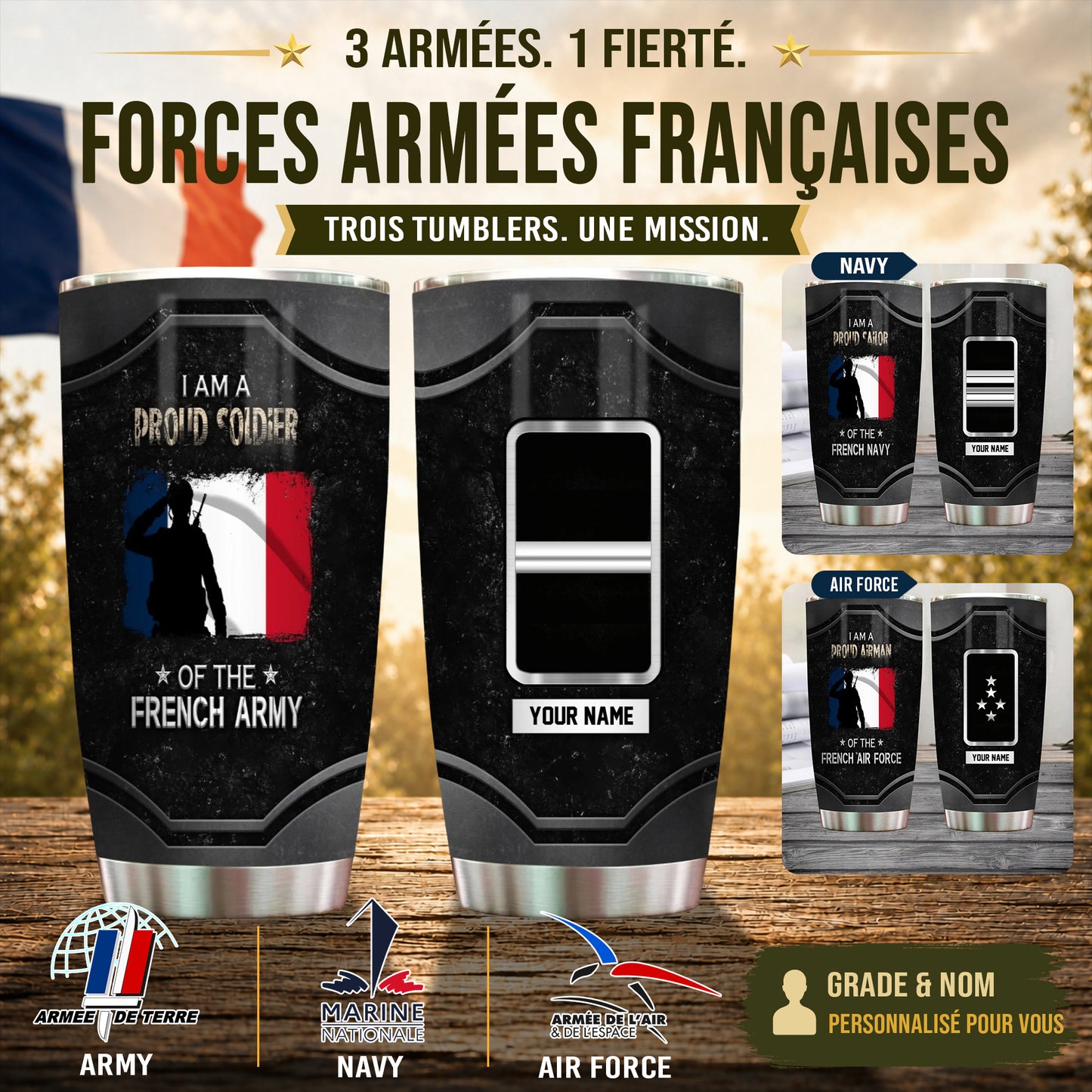 Personalized France Veteran/ Soldier With Rank And Name Camo Tumbler - 1756080001