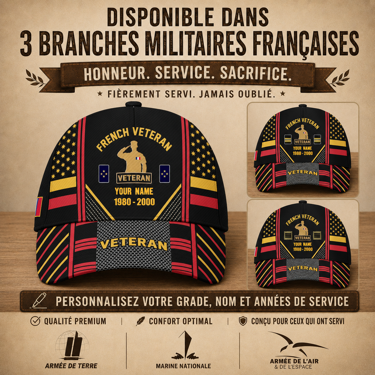 Personalized Rank, Year And Name France Soldier/Veterans Baseball Cap - 1759708804
