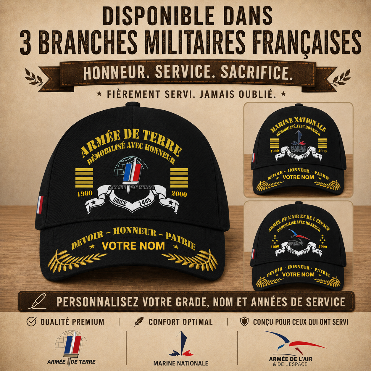 Casquette Française – Démobilisation Honorable – Nom, Année et Grade Personnalisés - 1758153601