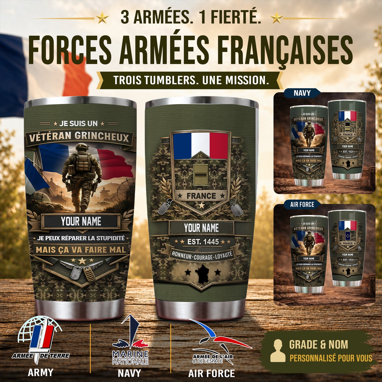 Personalized France Veteran/ Soldier With Rank And Name Camo Tumbler - 17731872
