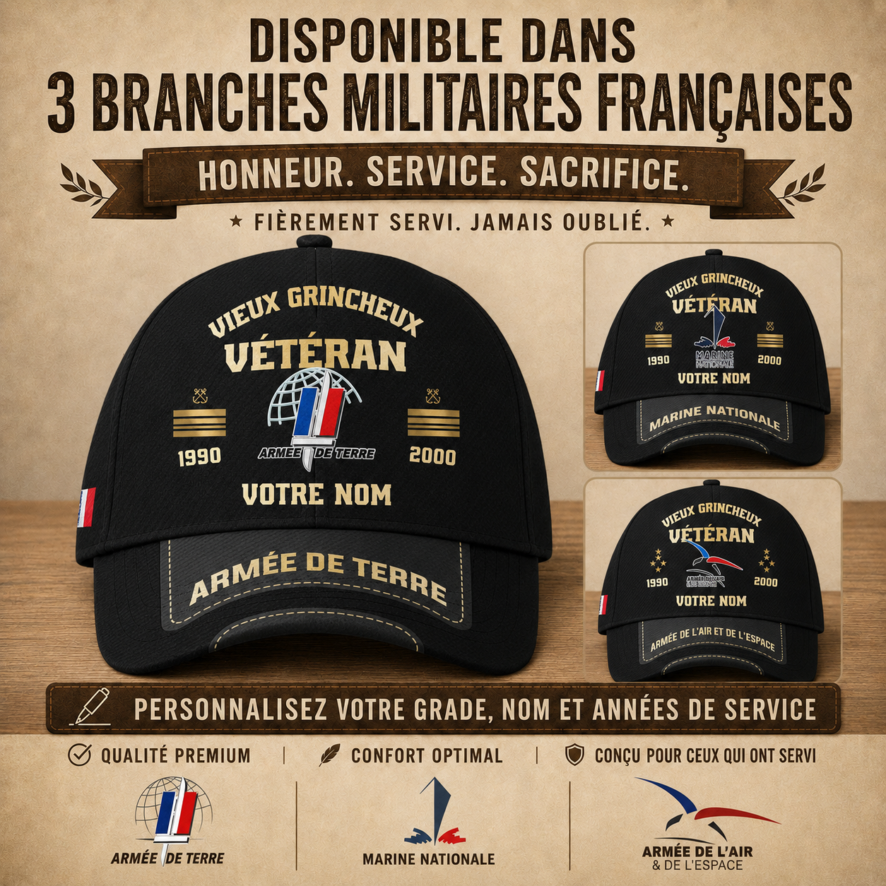 Casquette Vieux Grincheux Vétéran – Personnalisable avec Nom & Grade - 1757376005