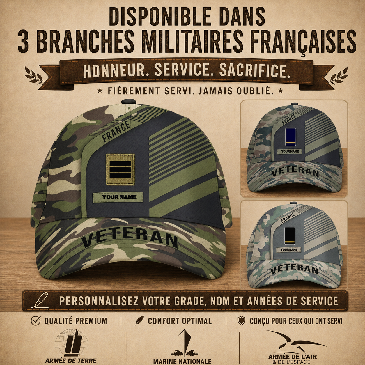 Casquette de baseball camouflage personnalisée avec rang et nom pour soldat/ancien combattant français - 17083872