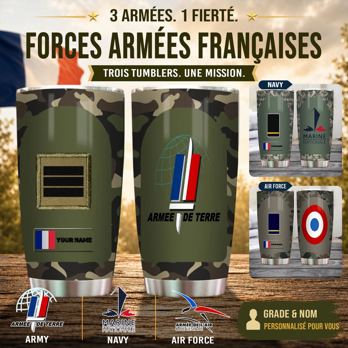 Verre personnalisé avec motif camouflage pour vétéran/soldat français avec rang et nom - 2605230001 - D04