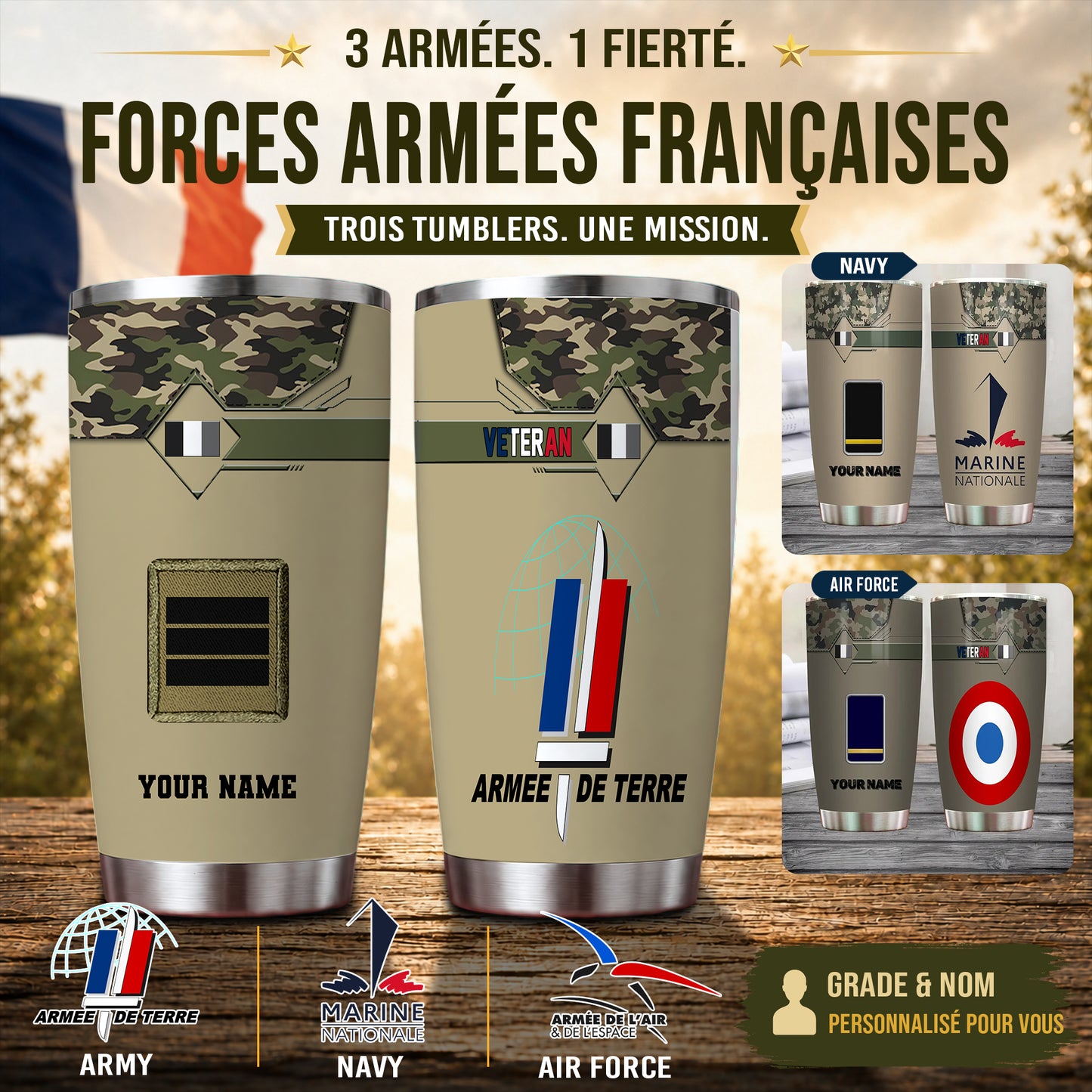 Personalisierter französischer Veteran/Soldat mit Rang und Namen, Camouflage-Becher, komplett bedruckt – 2505230001