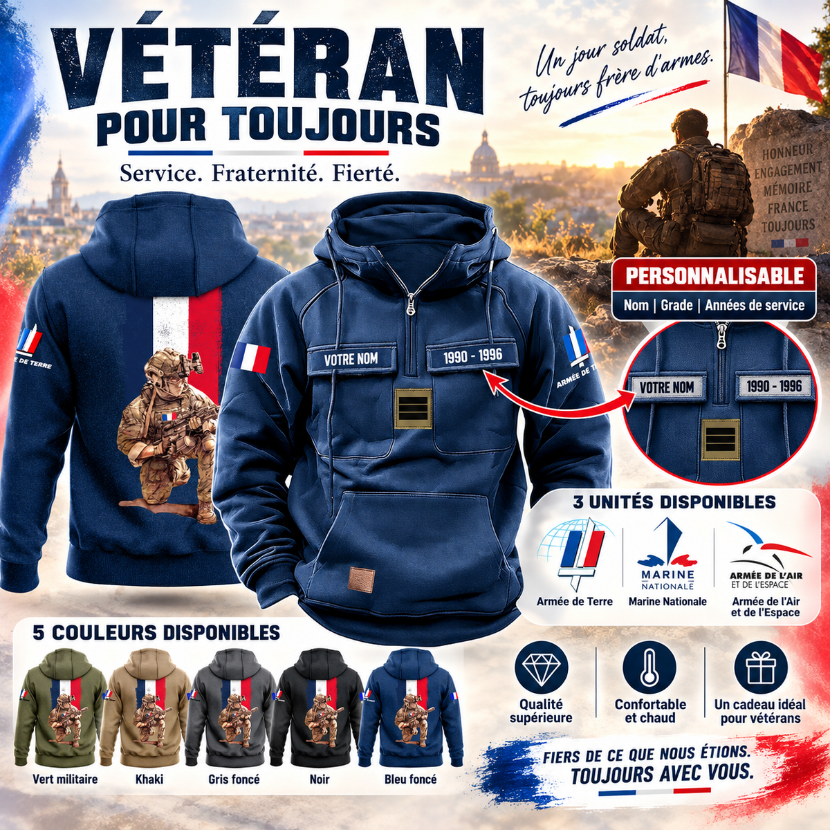 Personalisierter Vintage-Kapuzenpullover mit französischem Soldaten-/Veteranen-Print – 27062401QA