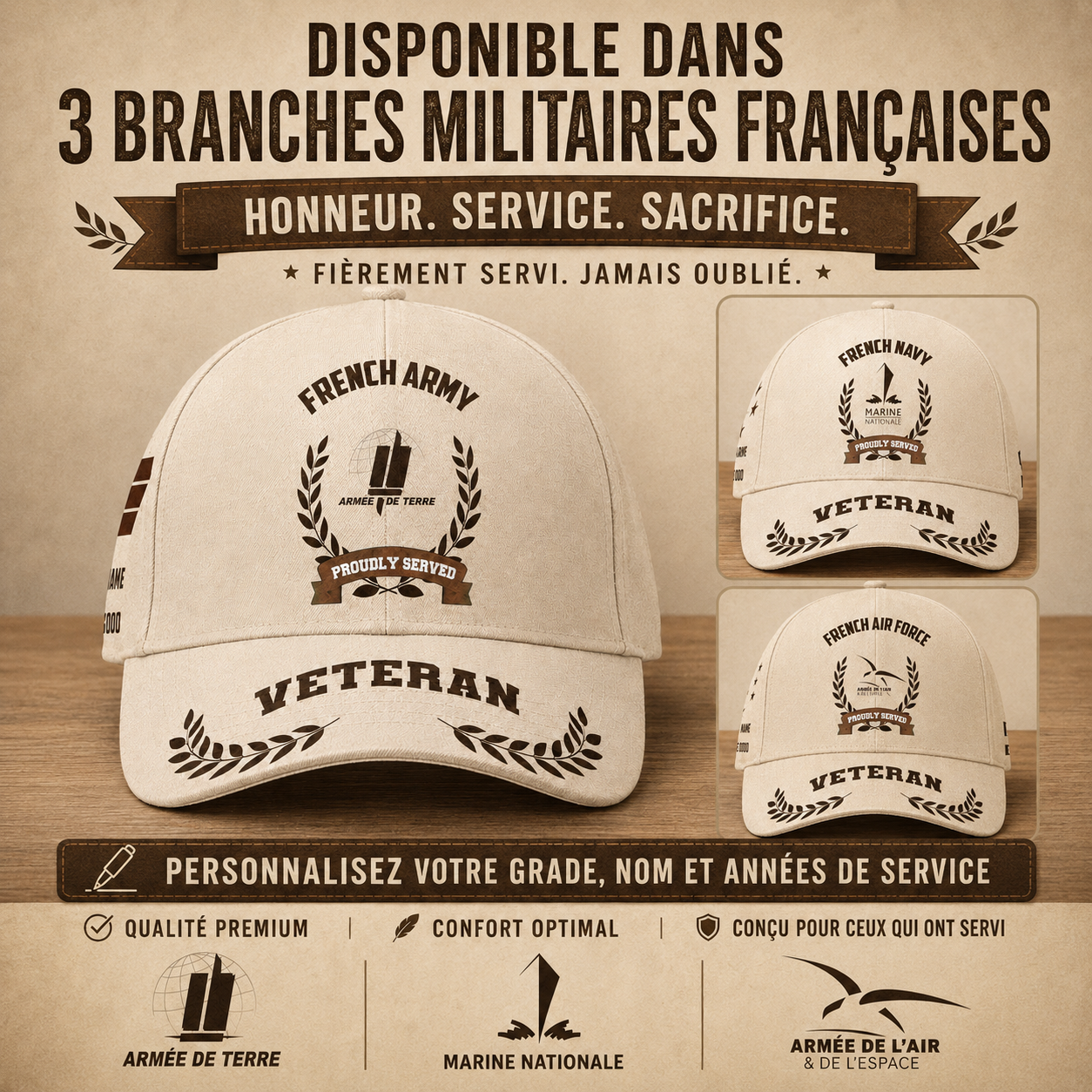 Casquette de baseball personnalisée avec grade, année et nom pour soldat/ancien combattant français - 1721260803