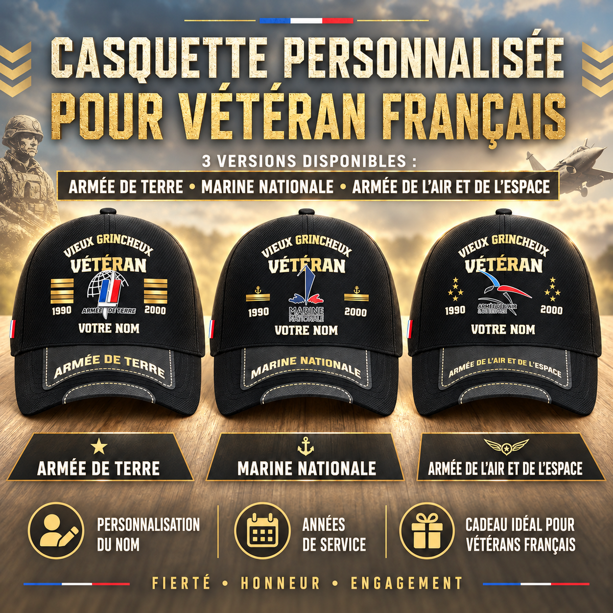 Casquette Vieux Grincheux Vétéran – Personnalisable avec Nom & Grade - 1757376005