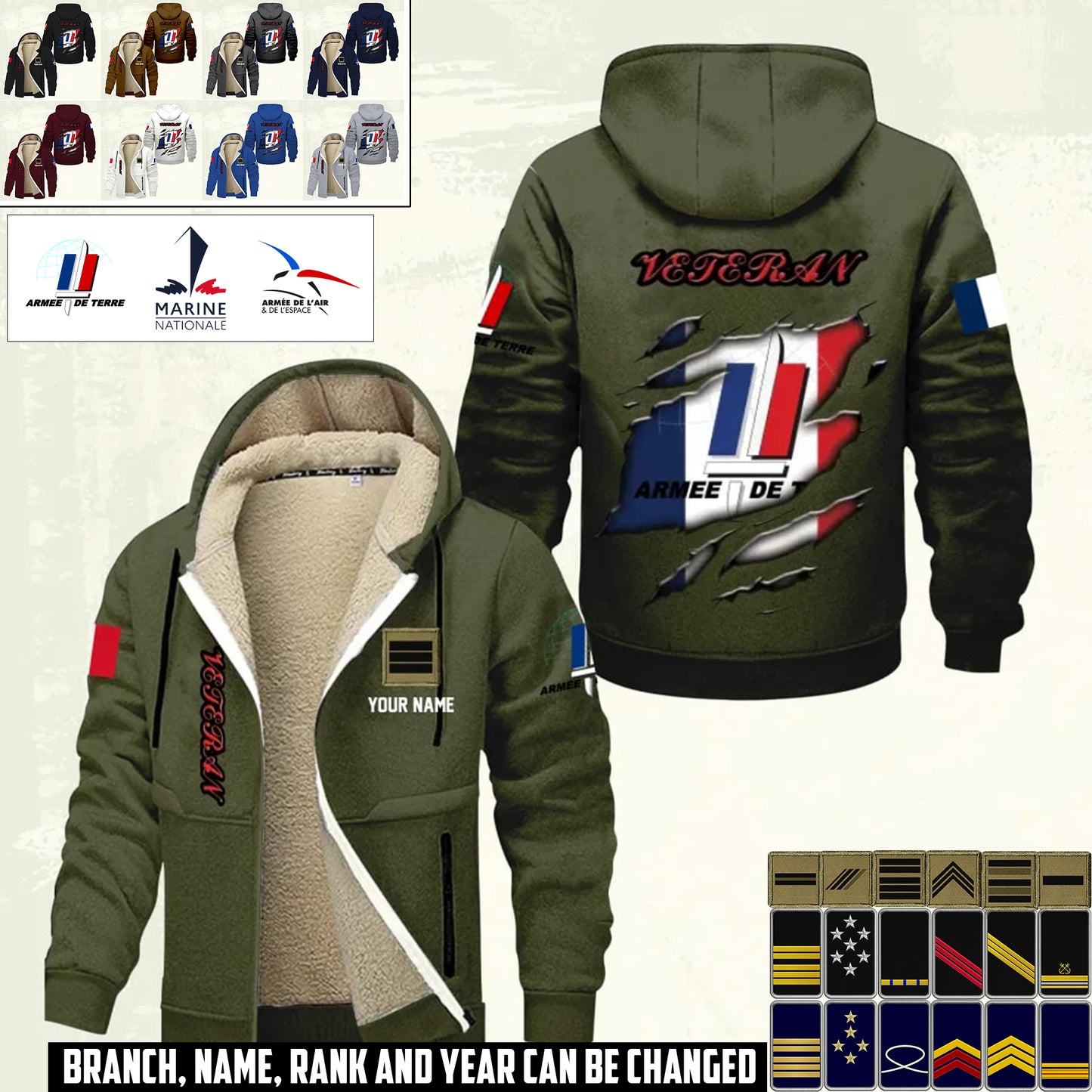 Personalized France Soldier/ Veteran With Name And Rank Hoodie Zip Velvet Coat - 17367264