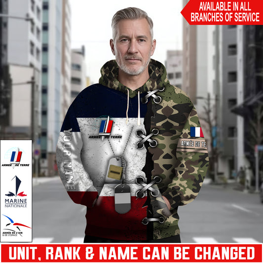 Personalized France Soldier/Veteran Camo with Name and Rank Hoodie All Over Printed - 17616096