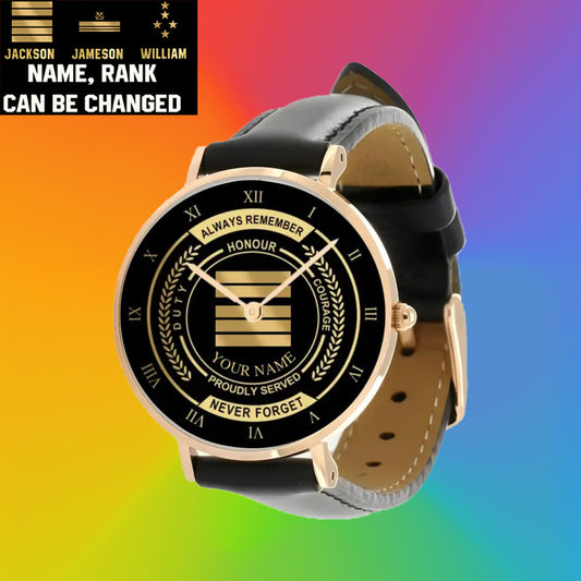 Personalized France Soldier/ Veteran With Name, Rank Black Stitched Leather Watch - 17096832 - Gold Version