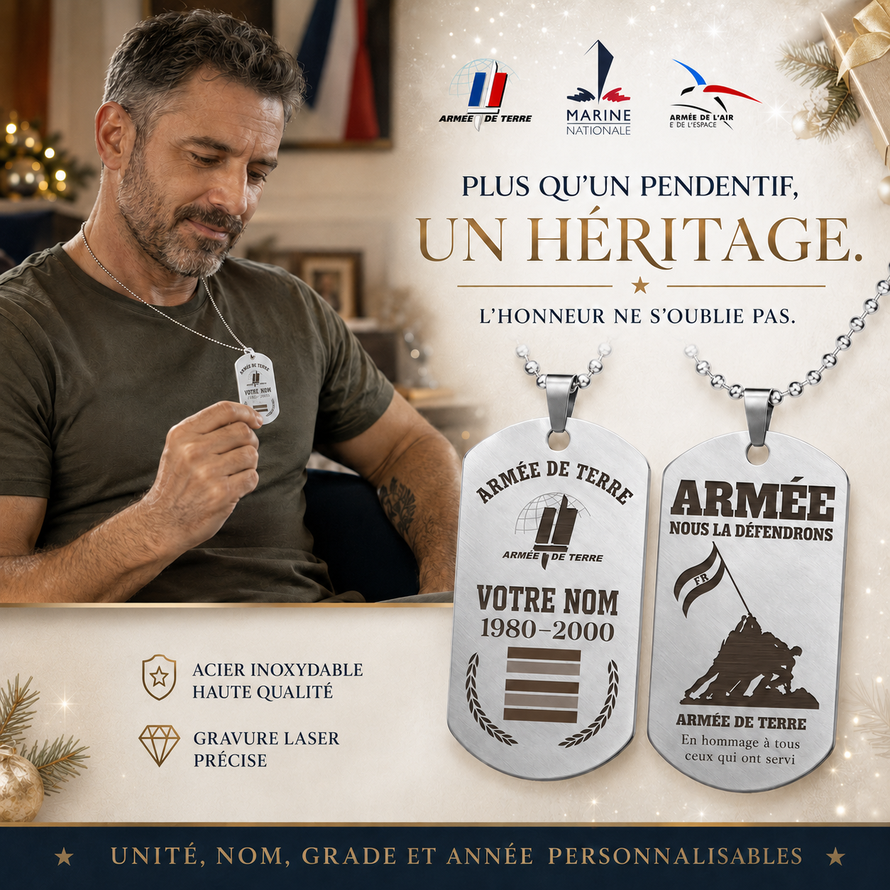 Personalized France Soldier/Veteran with Rank, Name & Year Dog Tag Necklace - 17657568