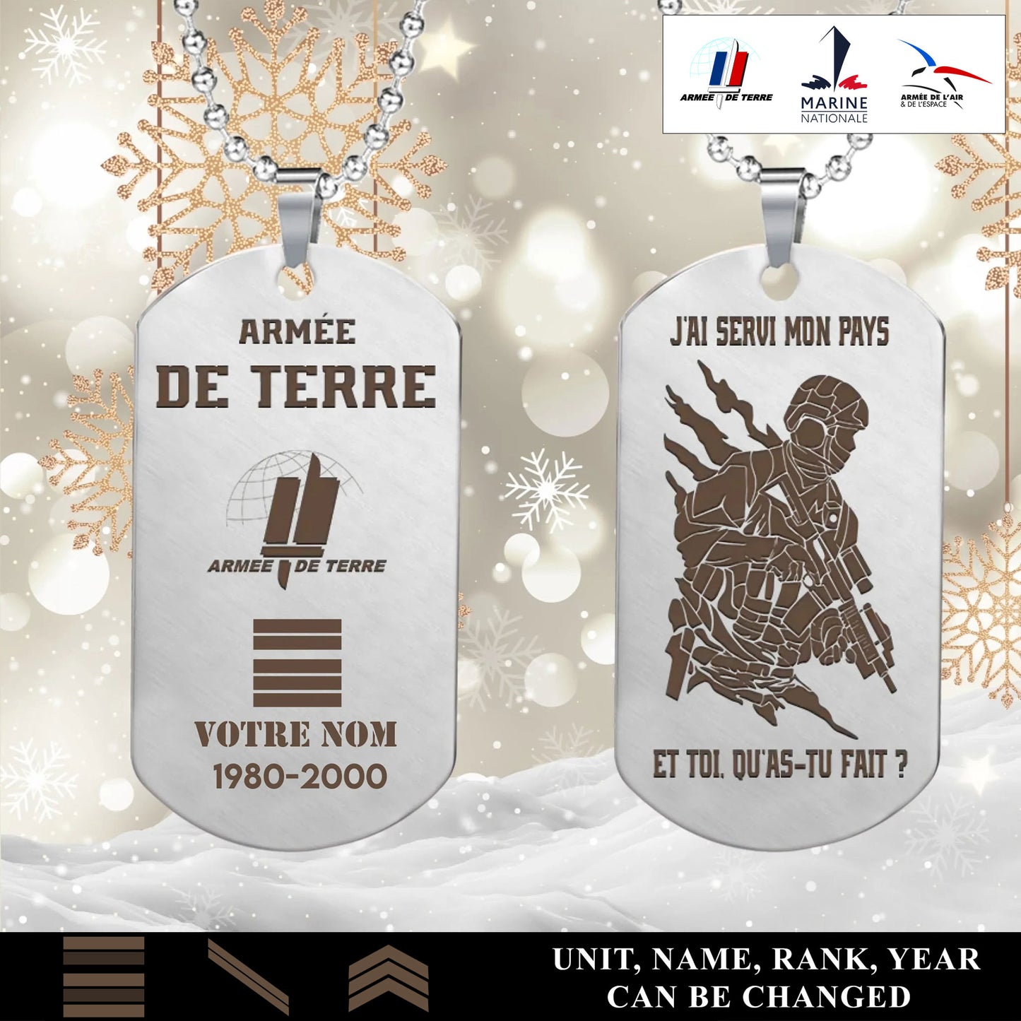 Personalized France Soldier/Veteran with Rank, Name & Year Dog Tag Necklace - 1763942401