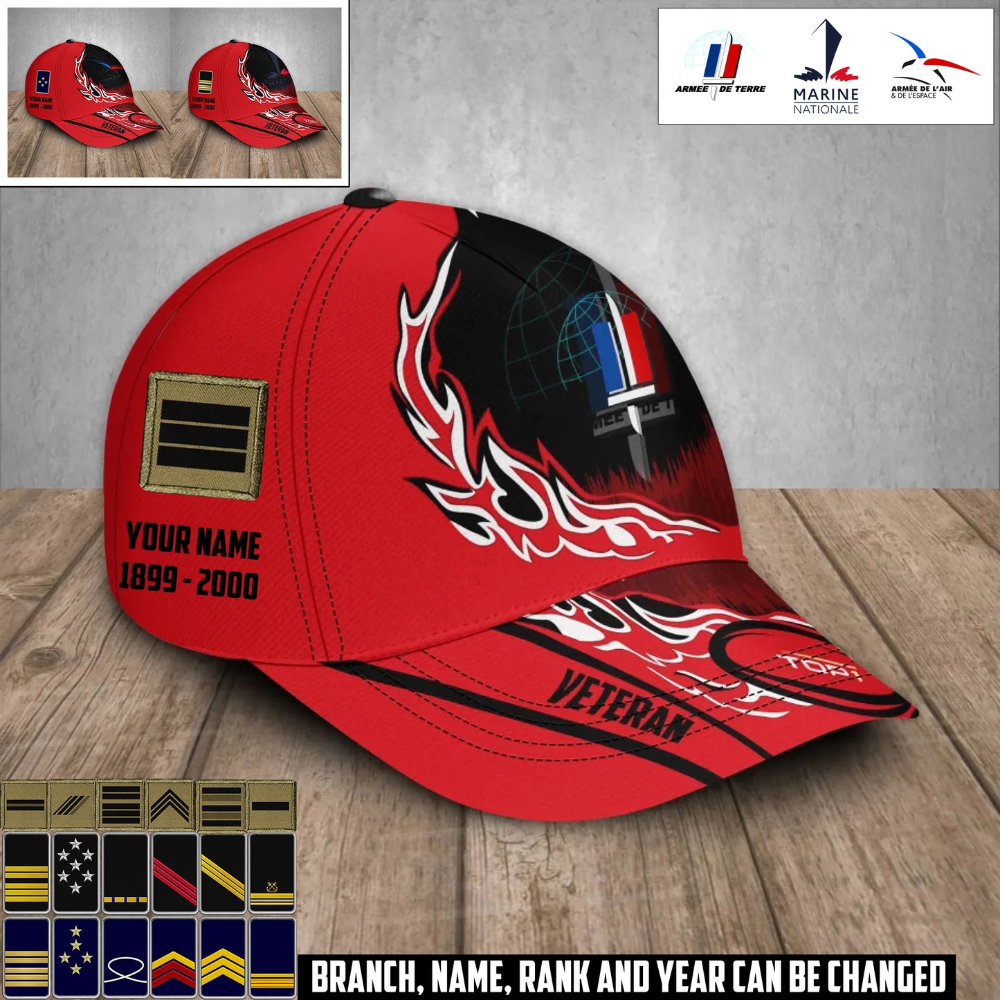Personalized Rank, Year And Name France Soldier/Veterans Baseball Cap - 17371584