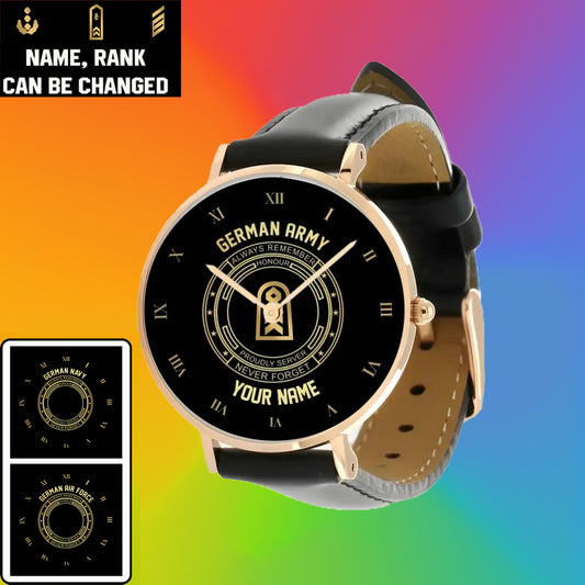 Personalized Germany Soldier/ Veteran With Name, Rank Black Stitched Leather Watch - 17115840 - Gold Version
